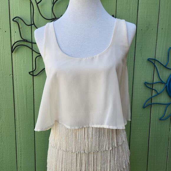 Y2K American Eagle Outfitters Boho Flapper Cream Fringe Mini Dress - Picture 2 of 5